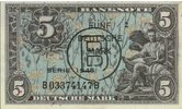 Five „Deutsche Mark“ Banknote with a large stamp reading „B“ for Berlin.