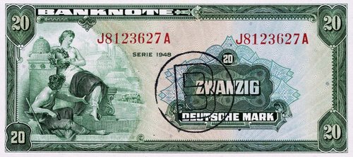 20 Deutsche Mark-Geldschein, gestempelt mit einem großen „B“ für Berlin.