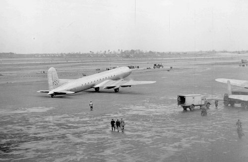 An Avro Tudor, a charter plane belonging to the British company B.S.A.A. standing on Gatow Airfield with its motors running.