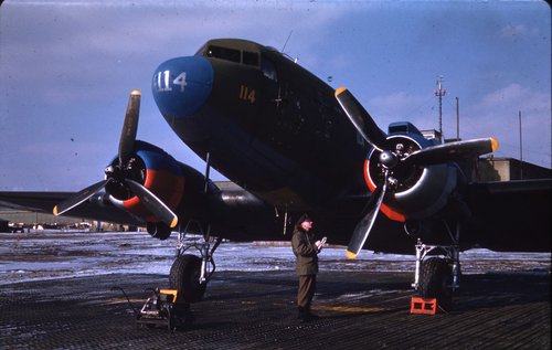 C-47 transport aircraft on the ground at Rhein Main air base.