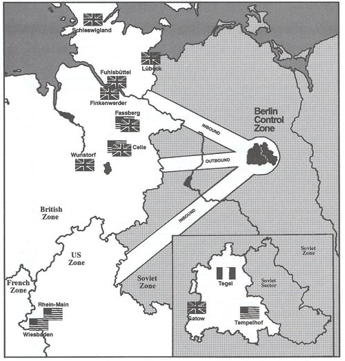 Map showing occupation zones and air corridors during the Berlin Airlift, (CC0 1.0 Universal).