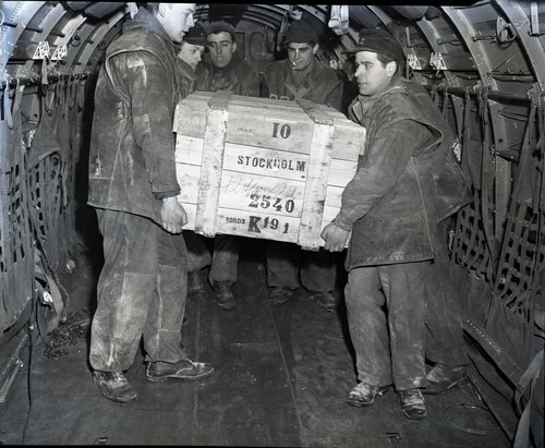 Arbeiter entladen Lebensmittel aus einem Flugzeug.