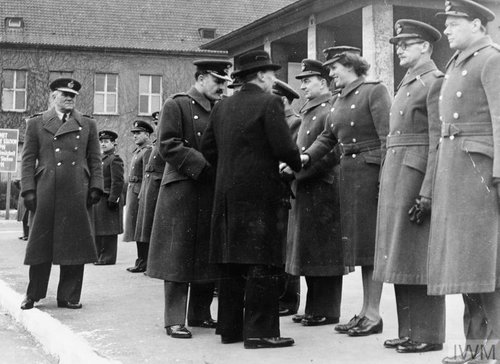 Black and white photo showing a line of people in RAF uniform meeting a man in civilian clothing.