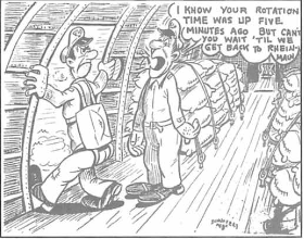 Cartoon drawing showing two men in a transport aeroplane.
