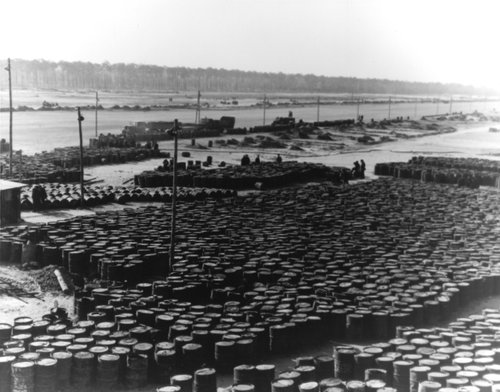 A large number of barrels on an airfield at Tegel, Berlin