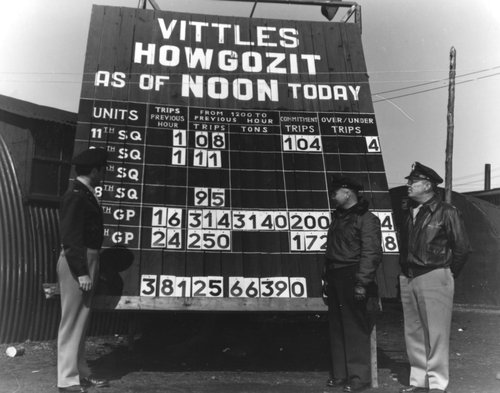 Three men standing in front of a tall sign displaying the day’s mission numbers.