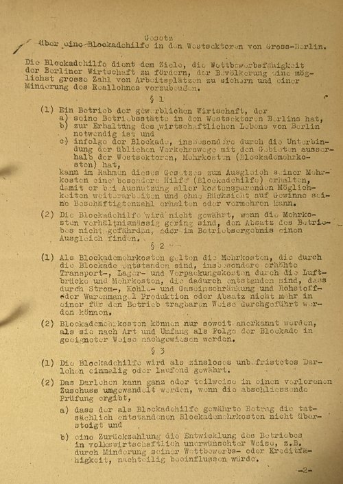 Excerpt from a contract draft for the granting of blockade aid (records of the Hauptgeschäftsstelle Blockadehilfe, or head office of blockade aid / Landesarchiv Berlin).