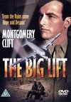 DVD cover of the English version The Big Lift with a photo montage consisting of a portrait of Montgomery Clift, a plane and the ruined landscape of Berlin.